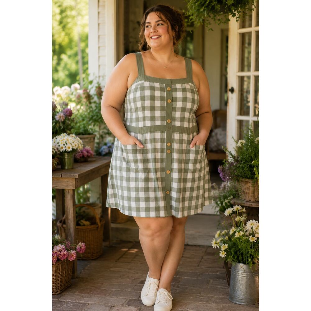 Cottagecore Gingham Jumper Dress 2X Sage Green Pinafore Prairie Mini Dress